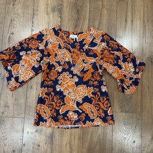 Jude Connally Tunic Top Sz L  Orange Navy Blue Preppy Resort Wear Floral